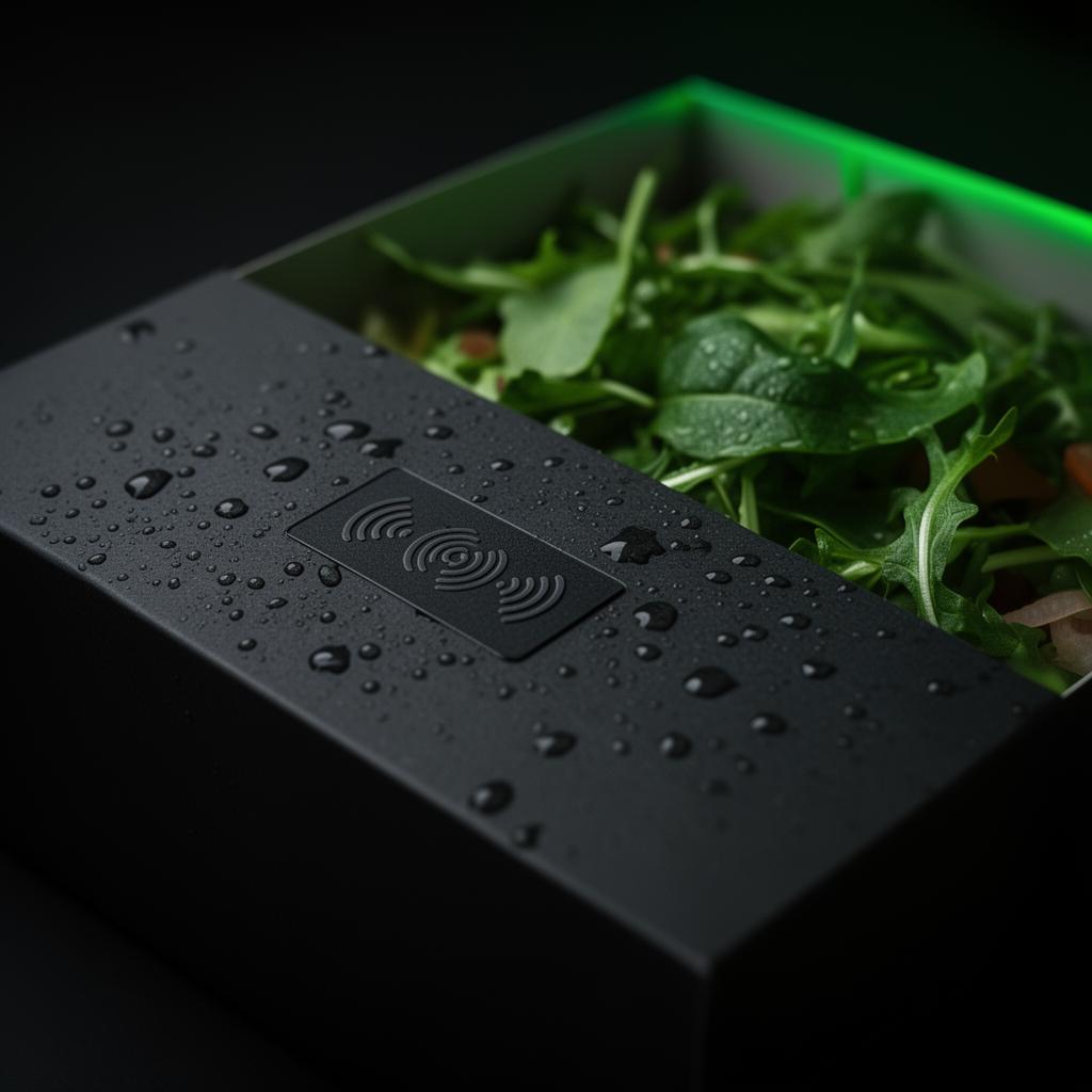 Detalle de un plato con etiqueta RFID en una nevera Mealthy